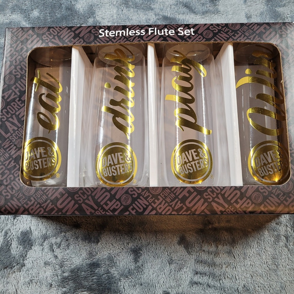 NEW Dave & Busters Stemless Flute Set 4 Pack Gold Eat Drink Play Win 7.6oz 17861